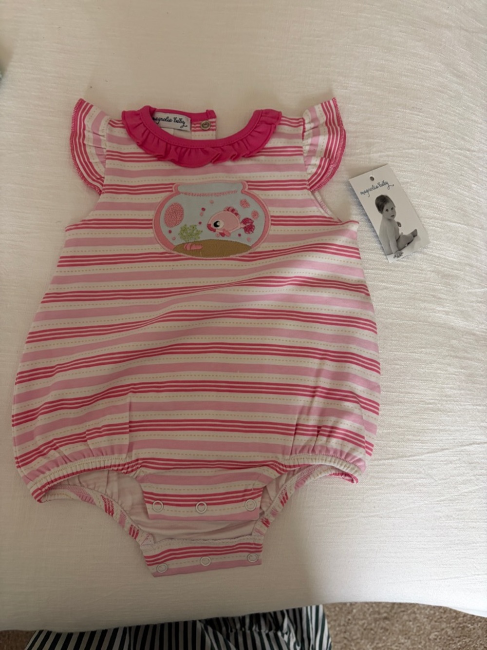 Baby Pink Striped Ruffled Neck One-Piece Bodysuit with Fishbowl Applique